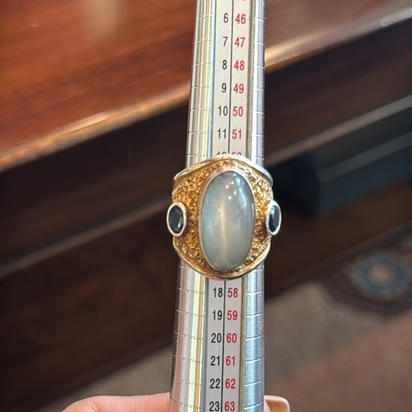 Grey Moonstone w small side sapphires Ring with Gold Plate Coloring - Picture 6 of 7